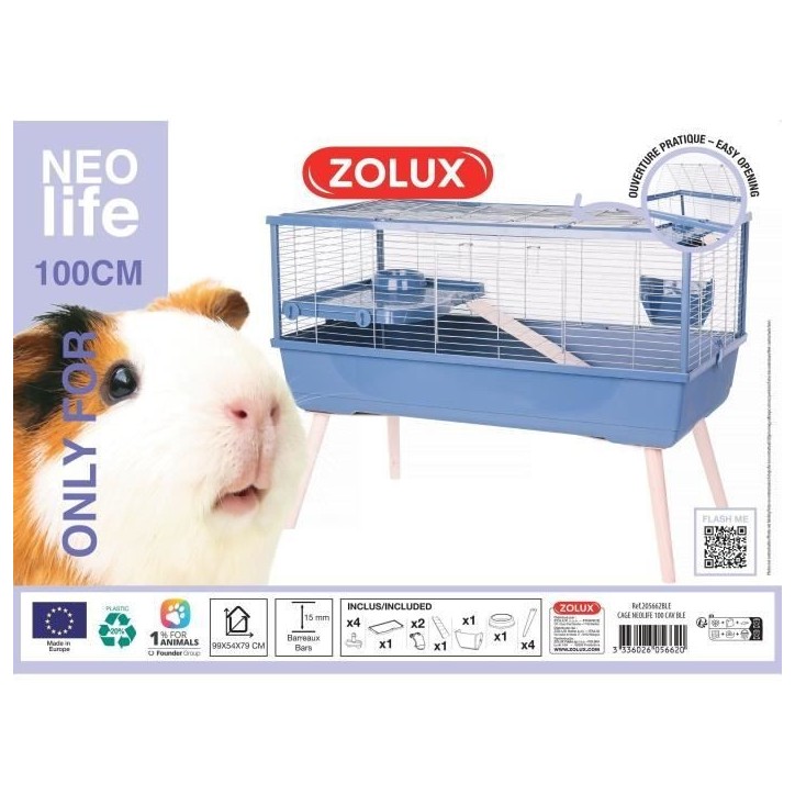 ZOLUX Cage grillagée rongeur surélevée pour cochon d'inde - 99 x 54 x 79 cm - Néolife - Bleu