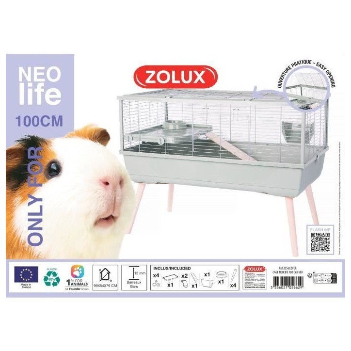 ZOLUX Cage grillagée rongeur surélevée pour cochon d'inde - 99 x 54 x 79 cm - Néolife - Vert