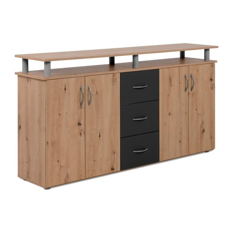 Buffet NEVADA - Décor Chene artisan et Anthracite - 4 portes 3 tiroir