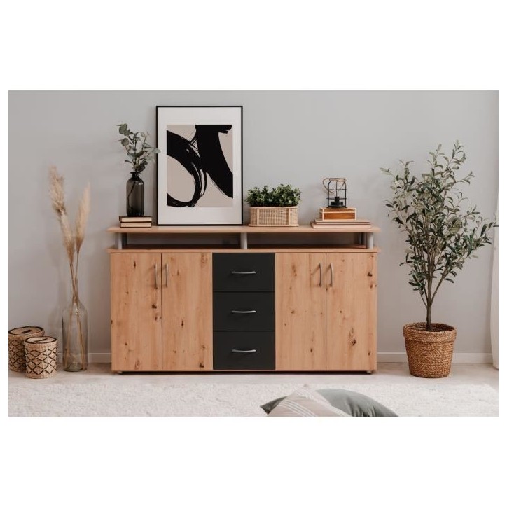 Buffet NEVADA - Décor Chene artisan et Anthracite - 4 portes 3 tiroirs - L 155 x H 83 x P 35 cm Buffet NEVADA - Décor Chene artisan et Anthracite - 4 portes 3 tiroirs - L 155 x H 83 x P 35 cm