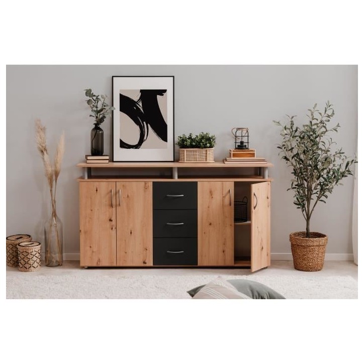 Buffet NEVADA - Décor Chene artisan et Anthracite - 4 portes 3 tiroirs - L 155 x H 83 x P 35 cm Buffet NEVADA - Décor Chene artisan et Anthracite - 4 portes 3 tiroirs - L 155 x H 83 x P 35 cm