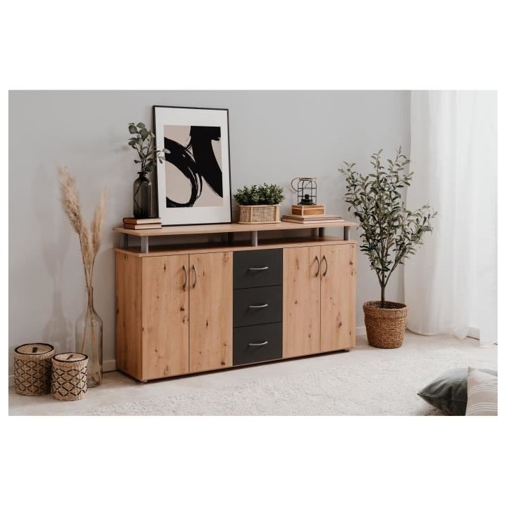 Buffet NEVADA - Décor Chene artisan et Anthracite - 4 portes 3 tiroirs - L 155 x H 83 x P 35 cm Buffet NEVADA - Décor Chene artisan et Anthracite - 4 portes 3 tiroirs - L 155 x H 83 x P 35 cm