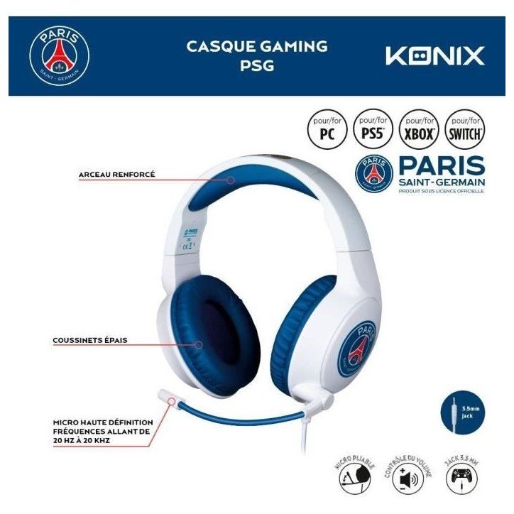 Casque gaming filaire - KONIX - Micro 45° - Câble 1,5 m - Blanc et bleu - Confort Soft Touch Casque gaming filaire - KONIX - Micro 45° - Câble 1,5 m - Blanc et bleu - Confort Soft Touch