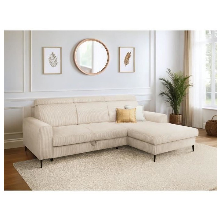 Canapé d'angle convertible - 4 places - NIZZA - Velours côtelé Beige - Coffre - 250 x 166 x 92/104 cm Canapé d'angle convertible - 4 places - NIZZA - Velours côtelé Beige - Coffre - 250 x 166 x 92/104 cm