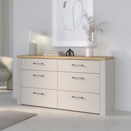 Commode - NELLEKE - 6 tiroirs - Sable / Bois - L156,3 x P41,3 x H83,1 cm