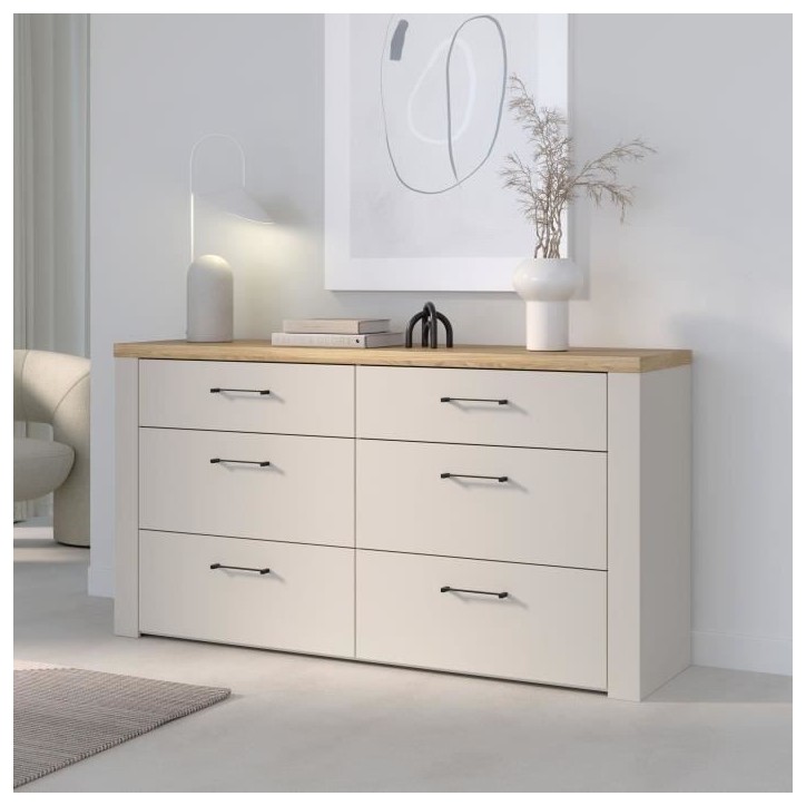 Commode - NELLEKE - 6 tiroirs - Sable / Bois - L156,3 x P41,3 x H83,1 cm