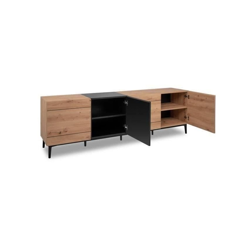 Buffet Bas / Meuble TV NOLA - Décor chene et noir - 4 portes - L 200 Buffet Bas / Meuble TV NOLA - Décor chene et noir - 4 portes - L 200