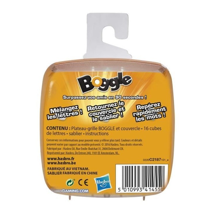 Boggle, Jeu de société de voyage, Jeu de réflexion rapide pour petits et grands, Hasbro Gaming, Des 8 ans Boggle, Jeu de société de voyage, Jeu de réflexion rapide pour petits et grands, Hasbro Gaming, Des 8 ans