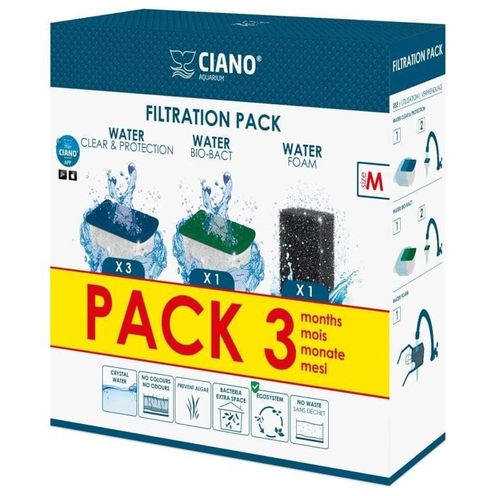 CIANO, Aquarium Consommables - Cartouches de Filtration de Rechange pour Filtre d'Aquarium- Pack 3 mois - Taille M