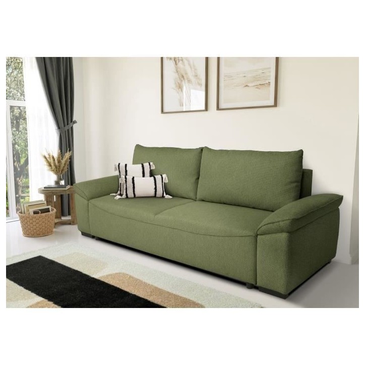 Canapé convertible avec coffre - 3 a 4 places - NORMAN - Tissu olive - 240 x 85 x 85 cm Canapé convertible avec coffre - 3 a 4 places - NORMAN - Tissu olive - 240 x 85 x 85 cm