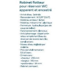 Robinet flotteur latéral pour réservoir WC - NOVOBAIN - Embout en la