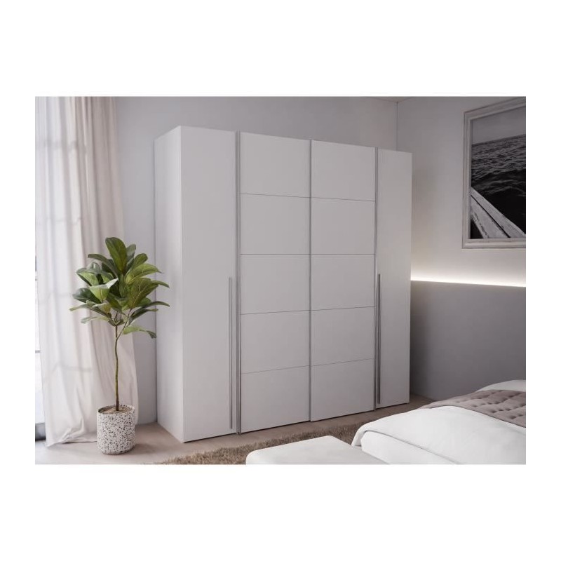 Armoire NARAGO - Décor Blanc mat - 2 portes coulissantes + 2 portes b Armoire NARAGO - Décor Blanc mat - 2 portes coulissantes + 2 portes b