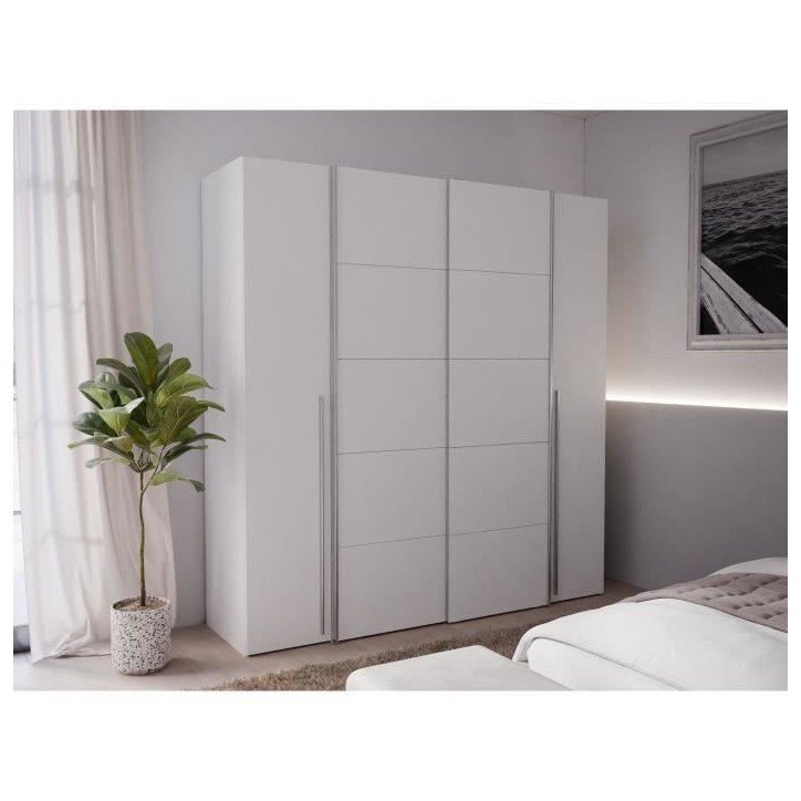 Armoire NARAGO - Décor Blanc mat - 2 portes coulissantes + 2 portes battantes + 2 penderies - L200 x P61 x H210 cm Armoire NARAGO - Décor Blanc mat - 2 portes coulissantes + 2 portes battantes + 2 penderies - L200 x P61 x H210 cm