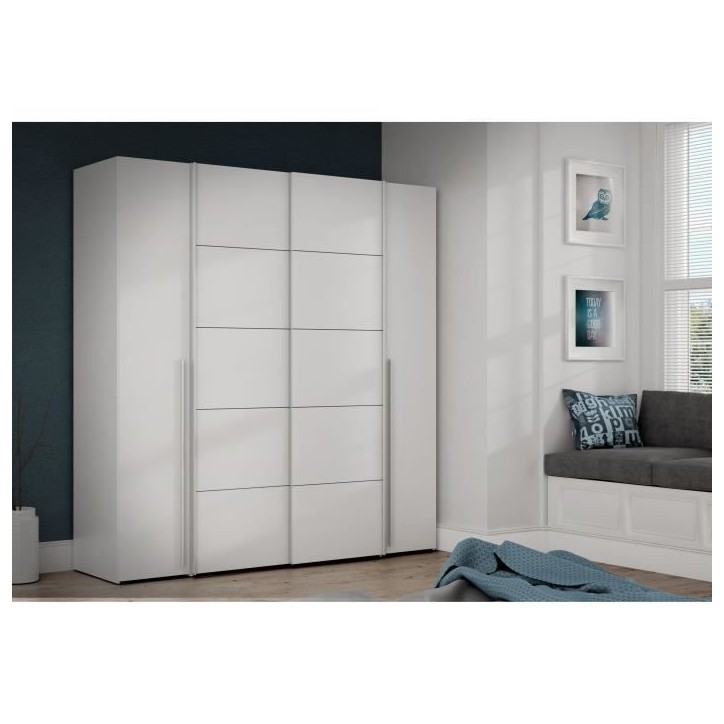Armoire NARAGO - Décor Blanc mat - 2 portes coulissantes + 2 portes battantes + 2 penderies - L200 x P61 x H210 cm Armoire NARAGO - Décor Blanc mat - 2 portes coulissantes + 2 portes battantes + 2 penderies - L200 x P61 x H210 cm