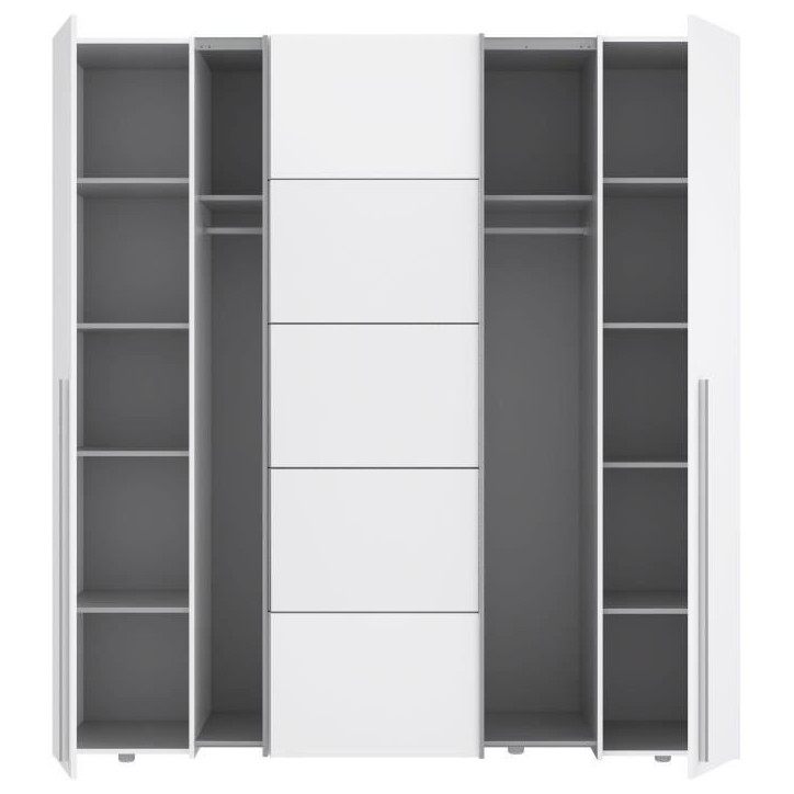 Armoire NARAGO - Décor Blanc mat - 2 portes coulissantes + 2 portes battantes + 2 penderies - L200 x P61 x H210 cm Armoire NARAGO - Décor Blanc mat - 2 portes coulissantes + 2 portes battantes + 2 penderies - L200 x P61 x H210 cm