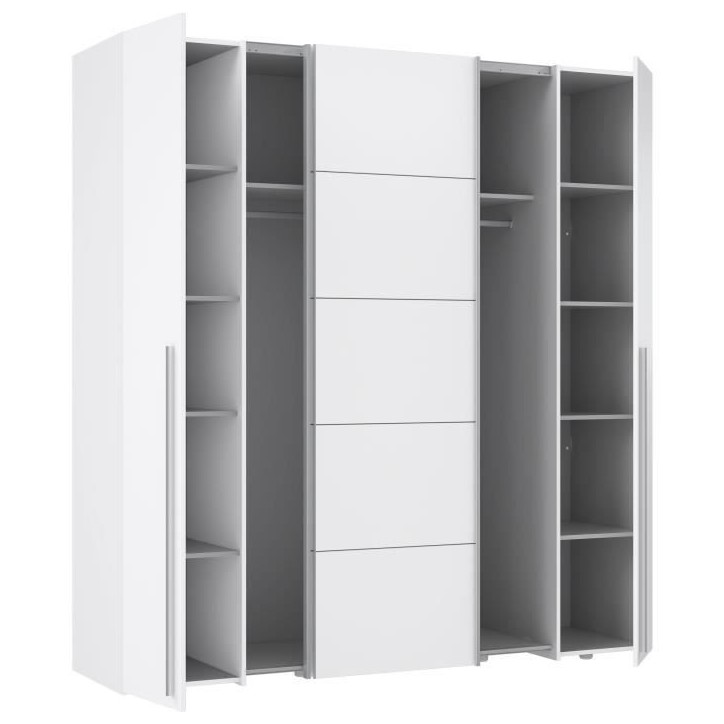 Armoire NARAGO - Décor Blanc mat - 2 portes coulissantes + 2 portes battantes + 2 penderies - L200 x P61 x H210 cm Armoire NARAGO - Décor Blanc mat - 2 portes coulissantes + 2 portes battantes + 2 penderies - L200 x P61 x H210 cm