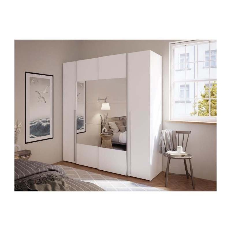 Armoire NARAGO - Décor Blanc mat - 2 portes coulissantes + miroir + 2