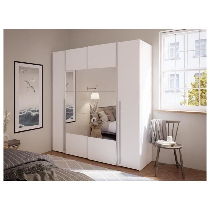 Armoire NARAGO - Décor Blanc mat - 2 portes coulissantes + miroir + 2 portes battantes + 2 penderies - L200 x P61 x H210 cm Armoire NARAGO - Décor Blanc mat - 2 portes coulissantes + miroir + 2 portes battantes + 2 penderies - L200 x P61 x H210 cm