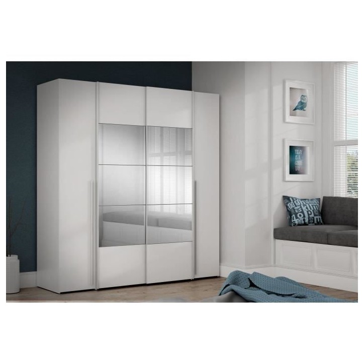 Armoire NARAGO - Décor Blanc mat - 2 portes coulissantes + miroir + 2 portes battantes + 2 penderies - L200 x P61 x H210 cm Armoire NARAGO - Décor Blanc mat - 2 portes coulissantes + miroir + 2 portes battantes + 2 penderies - L200 x P61 x H210 cm