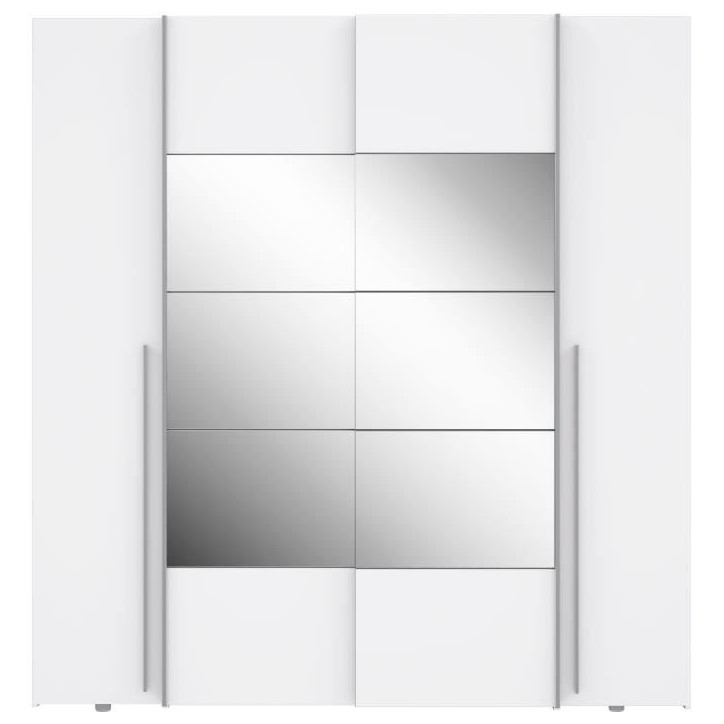 Armoire NARAGO - Décor Blanc mat - 2 portes coulissantes + miroir + 2 portes battantes + 2 penderies - L200 x P61 x H210 cm Armoire NARAGO - Décor Blanc mat - 2 portes coulissantes + miroir + 2 portes battantes + 2 penderies - L200 x P61 x H210 cm