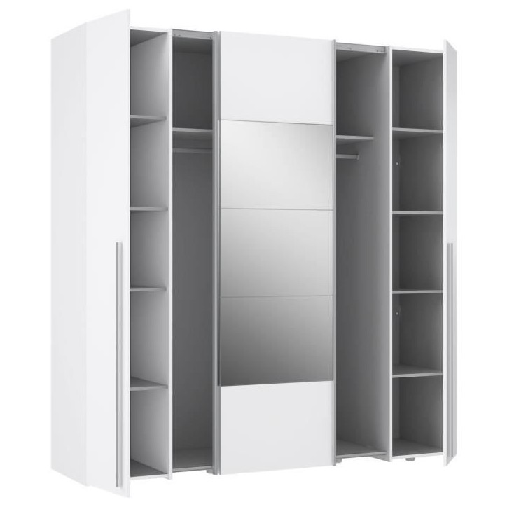 Armoire NARAGO - Décor Blanc mat - 2 portes coulissantes + miroir + 2 portes battantes + 2 penderies - L200 x P61 x H210 cm Armoire NARAGO - Décor Blanc mat - 2 portes coulissantes + miroir + 2 portes battantes + 2 penderies - L200 x P61 x H210 cm