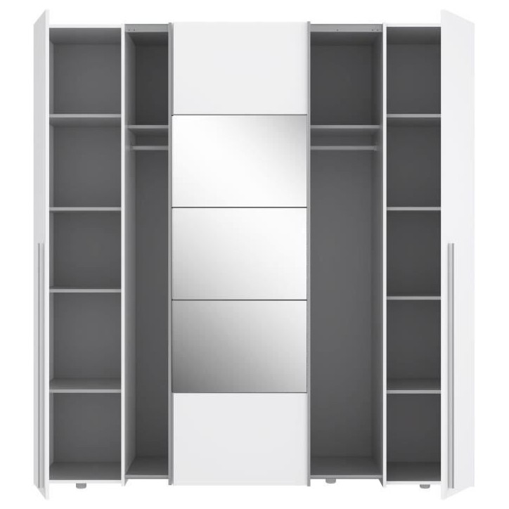 Armoire NARAGO - Décor Blanc mat - 2 portes coulissantes + miroir + 2 portes battantes + 2 penderies - L200 x P61 x H210 cm Armoire NARAGO - Décor Blanc mat - 2 portes coulissantes + miroir + 2 portes battantes + 2 penderies - L200 x P61 x H210 cm