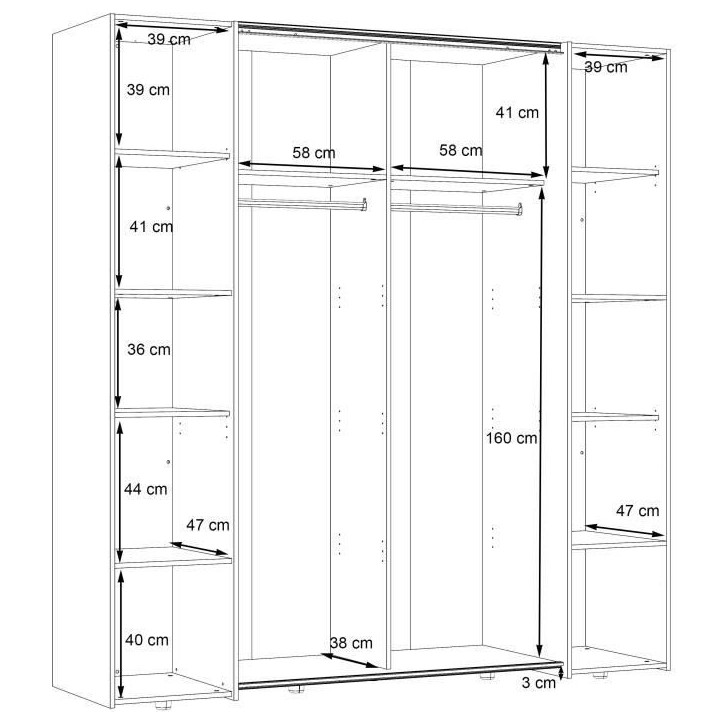 Armoire NARAGO - Décor Blanc mat - 2 portes coulissantes + miroir + 2 portes battantes + 2 penderies - L200 x P61 x H210 cm Armoire NARAGO - Décor Blanc mat - 2 portes coulissantes + miroir + 2 portes battantes + 2 penderies - L200 x P61 x H210 cm