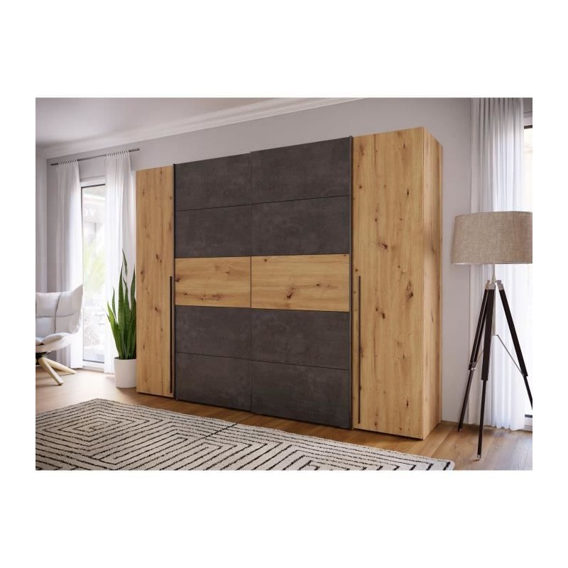 Armoire - Décor chene artisan et béton gris - 2 portes battantes + 2 Armoire - Décor chene artisan et béton gris - 2 portes battantes + 2