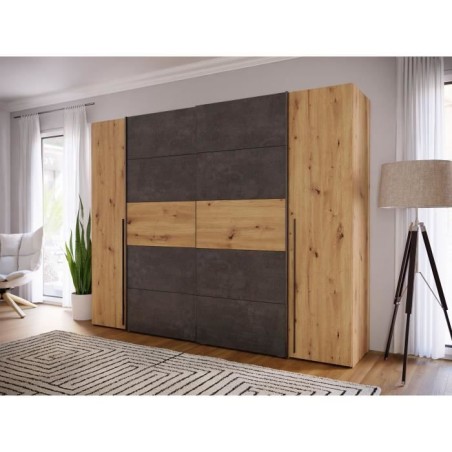 Armoire - Décor chene artisan et béton gris - 2 portes battantes + 2