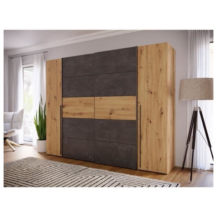 Armoire - Décor chene artisan et béton gris - 2 portes battantes + 2 portes coulissantes - L 270,3 x P 61,2 x H 210 cm - NARAG Armoire - Décor chene artisan et béton gris - 2 portes battantes + 2 portes coulissantes - L 270,3 x P 61,2 x H 210 cm - NARAG