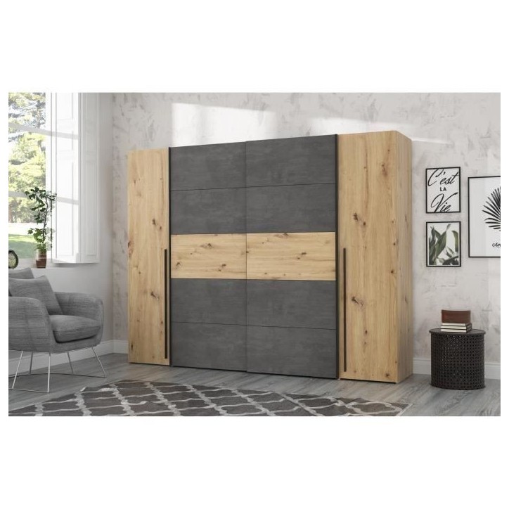 Armoire - Décor chene artisan et béton gris - 2 portes battantes + 2 portes coulissantes - L 270,3 x P 61,2 x H 210 cm - NARAG Armoire - Décor chene artisan et béton gris - 2 portes battantes + 2 portes coulissantes - L 270,3 x P 61,2 x H 210 cm - NARAG