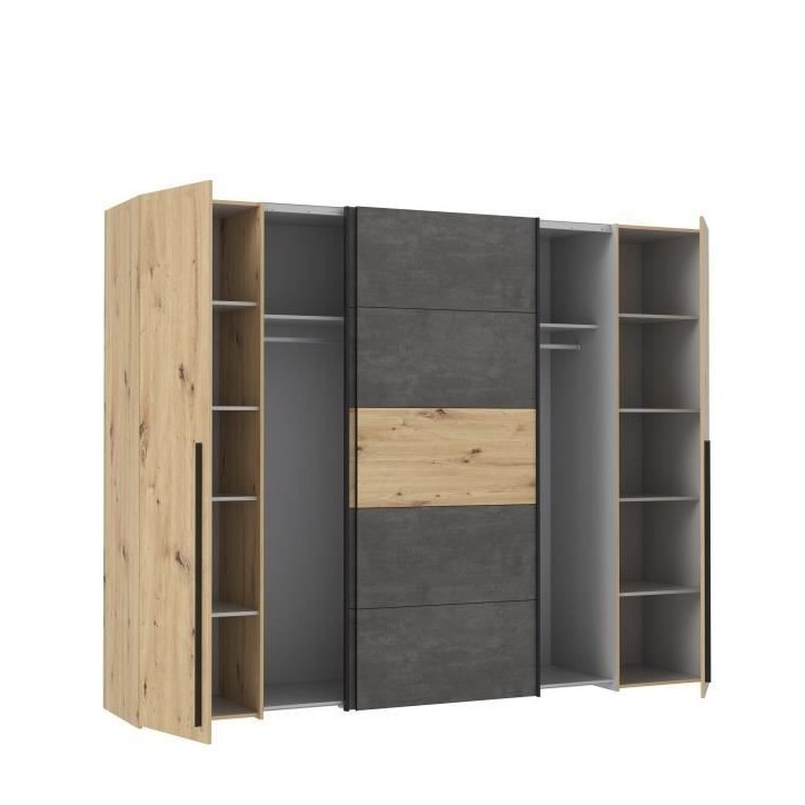 Armoire - Décor chene artisan et béton gris - 2 portes battantes + 2 portes coulissantes - L 270,3 x P 61,2 x H 210 cm - NARAG Armoire - Décor chene artisan et béton gris - 2 portes battantes + 2 portes coulissantes - L 270,3 x P 61,2 x H 210 cm - NARAG
