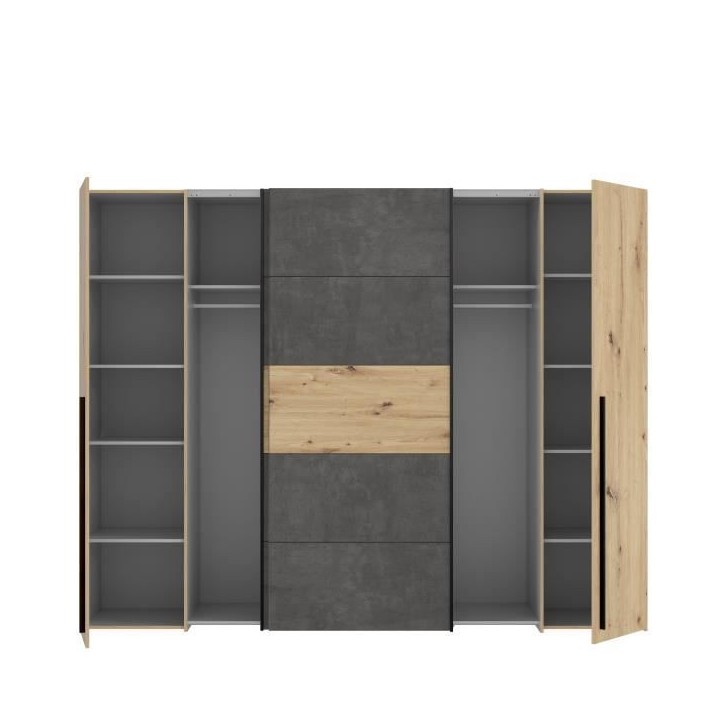 Armoire - Décor chene artisan et béton gris - 2 portes battantes + 2 portes coulissantes - L 270,3 x P 61,2 x H 210 cm - NARAG Armoire - Décor chene artisan et béton gris - 2 portes battantes + 2 portes coulissantes - L 270,3 x P 61,2 x H 210 cm - NARAG
