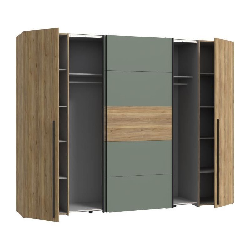 Armoire - Décor Chene et vert Sauge - 2 portes battantes + 2 portes c