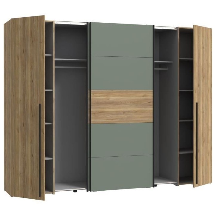 Armoire - Décor Chene et vert Sauge - 2 portes battantes + 2 portes coulissantes - L270 x P61 x H210cm - NARAGO Armoire - Décor Chene et vert Sauge - 2 portes battantes + 2 portes coulissantes - L270 x P61 x H210cm - NARAGO