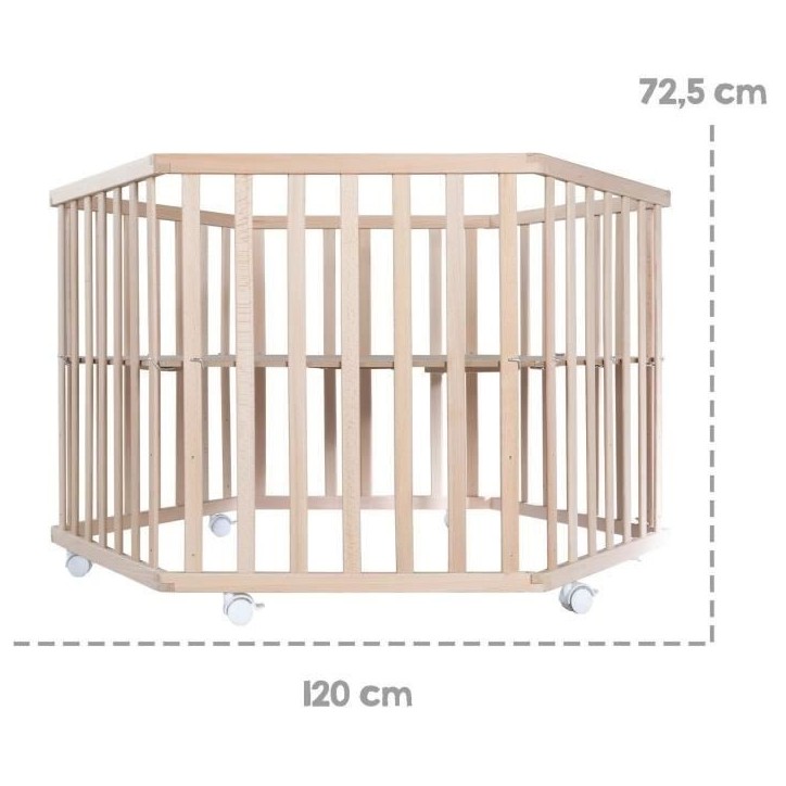 Parc bébé hegaxonal - ROBA - LIEBHABEAR - Réglable en hauteur - Fond Déhoussable - 6 Roues freinées - Bois Naturel - Motif