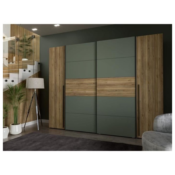 Armoire - Décor Chene et vert Sauge - 2 portes battantes + 2 portes coulissantes - L270 x P61 x H210cm - NARAGO Armoire - Décor Chene et vert Sauge - 2 portes battantes + 2 portes coulissantes - L270 x P61 x H210cm - NARAGO