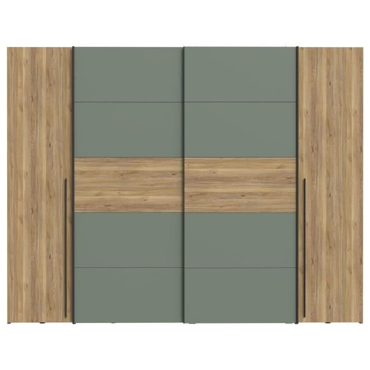 Armoire - Décor Chene et vert Sauge - 2 portes battantes + 2 portes coulissantes - L270 x P61 x H210cm - NARAGO Armoire - Décor Chene et vert Sauge - 2 portes battantes + 2 portes coulissantes - L270 x P61 x H210cm - NARAGO