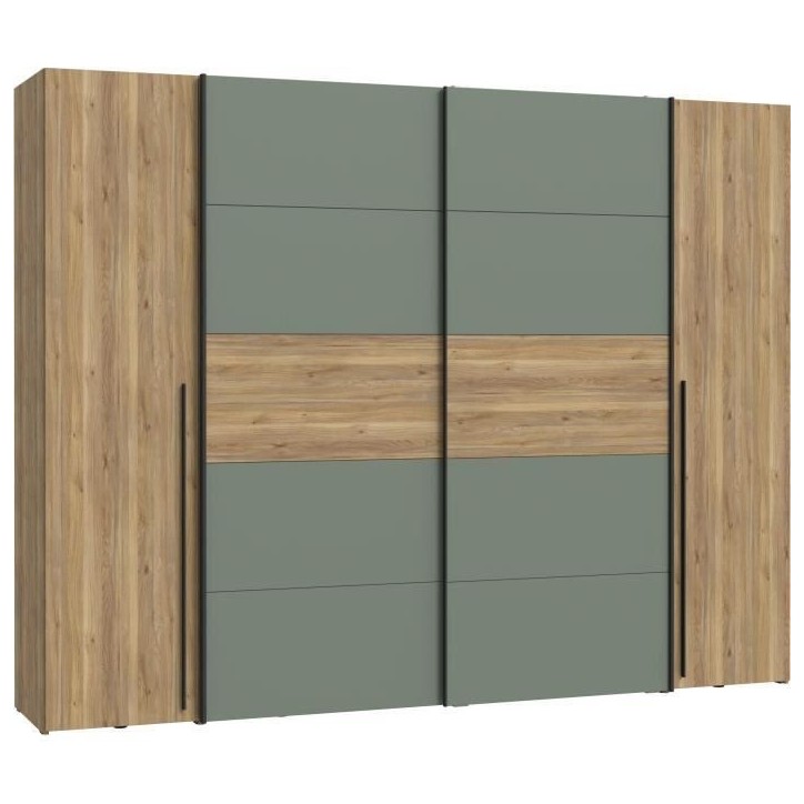 Armoire - Décor Chene et vert Sauge - 2 portes battantes + 2 portes coulissantes - L270 x P61 x H210cm - NARAGO Armoire - Décor Chene et vert Sauge - 2 portes battantes + 2 portes coulissantes - L270 x P61 x H210cm - NARAGO