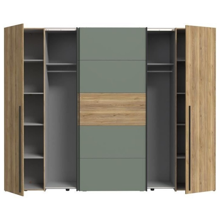 Armoire - Décor Chene et vert Sauge - 2 portes battantes + 2 portes coulissantes - L270 x P61 x H210cm - NARAGO Armoire - Décor Chene et vert Sauge - 2 portes battantes + 2 portes coulissantes - L270 x P61 x H210cm - NARAGO