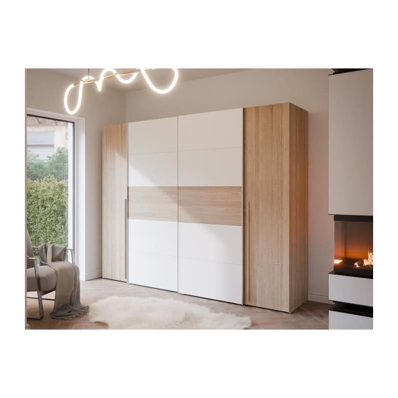 Armoire NARAGO - Décor Chene Sonoma et blanc mat - 2 portes coulissan Armoire NARAGO - Décor Chene Sonoma et blanc mat - 2 portes coulissan