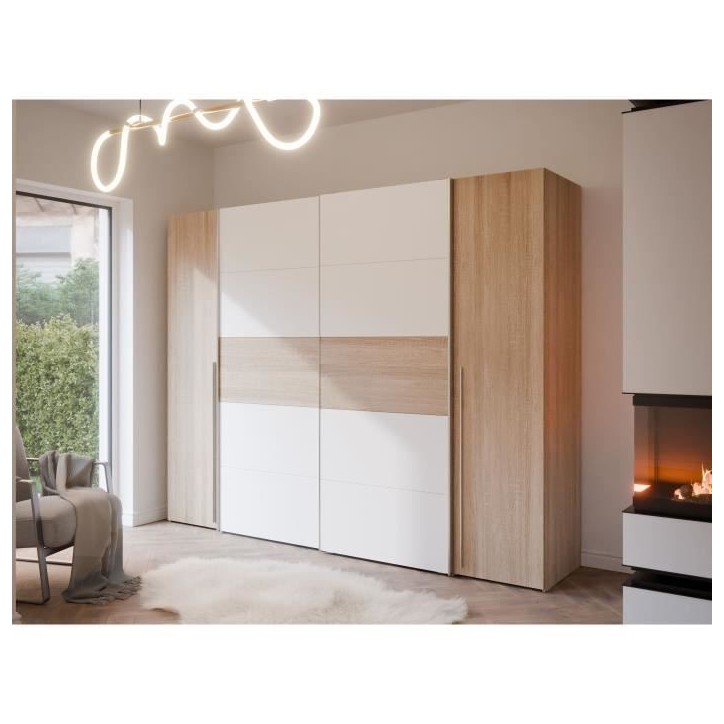 Armoire NARAGO - Décor Chene Sonoma et blanc mat - 2 portes coulissantes + 2 portes battantes - L270 x P61 x H210 cm Armoire NARAGO - Décor Chene Sonoma et blanc mat - 2 portes coulissantes + 2 portes battantes - L270 x P61 x H210 cm