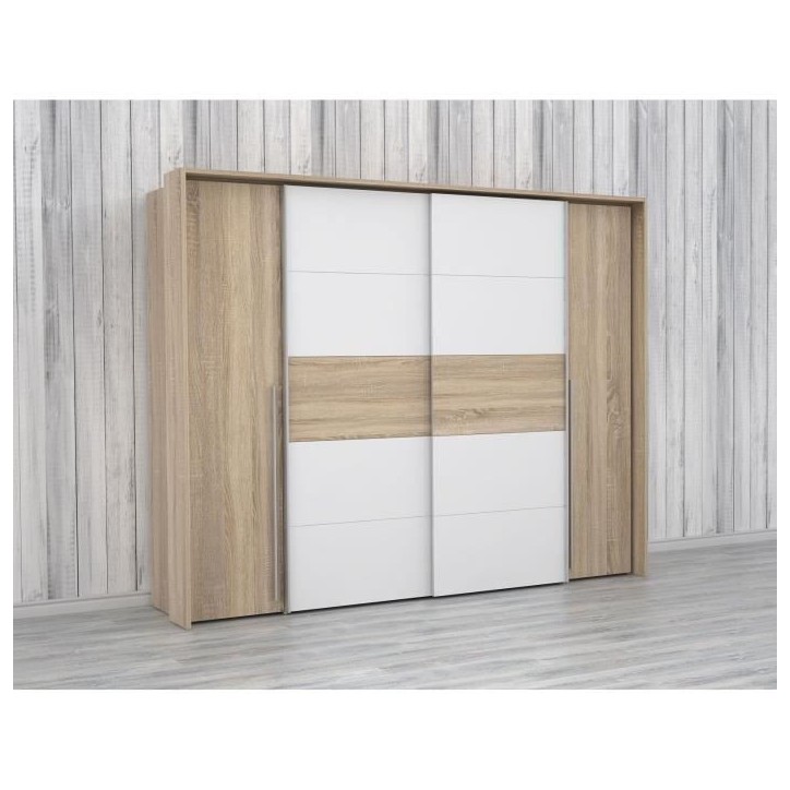 Armoire NARAGO - Décor Chene Sonoma et blanc mat - 2 portes coulissantes + 2 portes battantes - L270 x P61 x H210 cm Armoire NARAGO - Décor Chene Sonoma et blanc mat - 2 portes coulissantes + 2 portes battantes - L270 x P61 x H210 cm