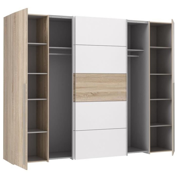 Armoire NARAGO - Décor Chene Sonoma et blanc mat - 2 portes coulissantes + 2 portes battantes - L270 x P61 x H210 cm Armoire NARAGO - Décor Chene Sonoma et blanc mat - 2 portes coulissantes + 2 portes battantes - L270 x P61 x H210 cm