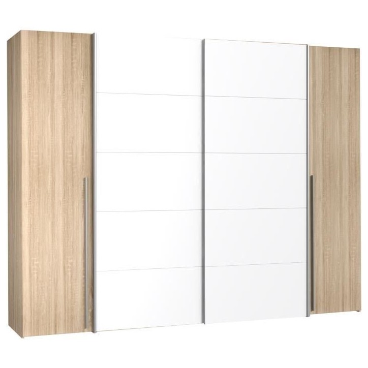 Armoire NARAGO - Décor Chene Sonoma et blanc mat - 2 portes coulissantes + 2 portes battantes - L270 x P61 x H210 cm Armoire NARAGO - Décor Chene Sonoma et blanc mat - 2 portes coulissantes + 2 portes battantes - L270 x P61 x H210 cm