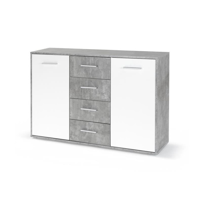 Buffet bas PILVI - 2 portes et 4 tiroirs - Blanc et béton clair - L 1 Buffet bas PILVI - 2 portes et 4 tiroirs - Blanc et béton clair - L 1