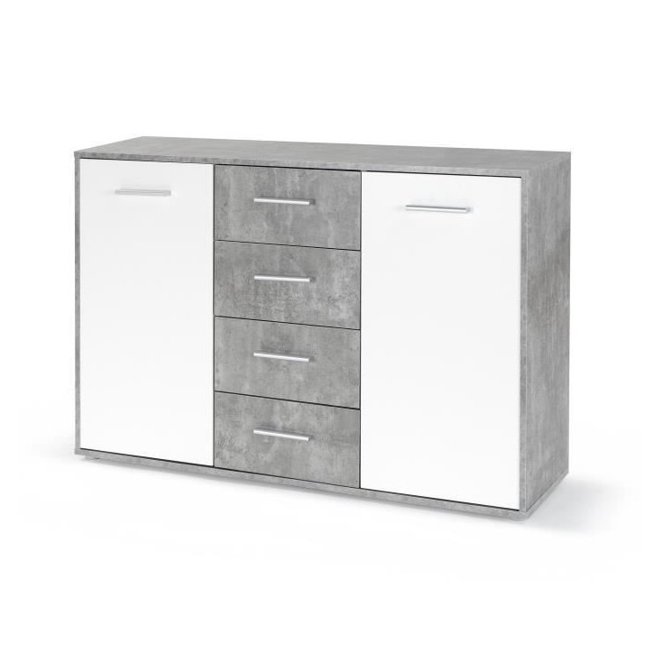 Buffet bas PILVI - 2 portes et 4 tiroirs - Blanc et béton clair - L 122,6 x P 34,2 x H 81,1 cm Buffet bas PILVI - 2 portes et 4 tiroirs - Blanc et béton clair - L 122,6 x P 34,2 x H 81,1 cm