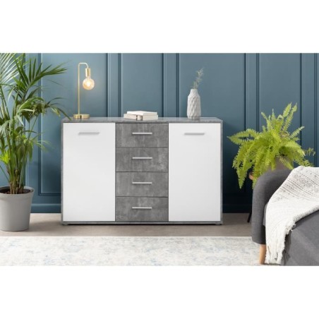 Buffet bas PILVI - 2 portes et 4 tiroirs - Blanc et béton clair - L 122,6 x P 34,2 x H 81,1 cm