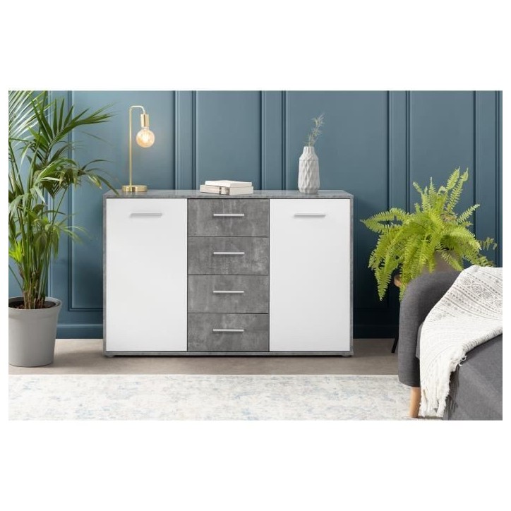 Buffet bas PILVI - 2 portes et 4 tiroirs - Blanc et béton clair - L 122,6 x P 34,2 x H 81,1 cm Buffet bas PILVI - 2 portes et 4 tiroirs - Blanc et béton clair - L 122,6 x P 34,2 x H 81,1 cm