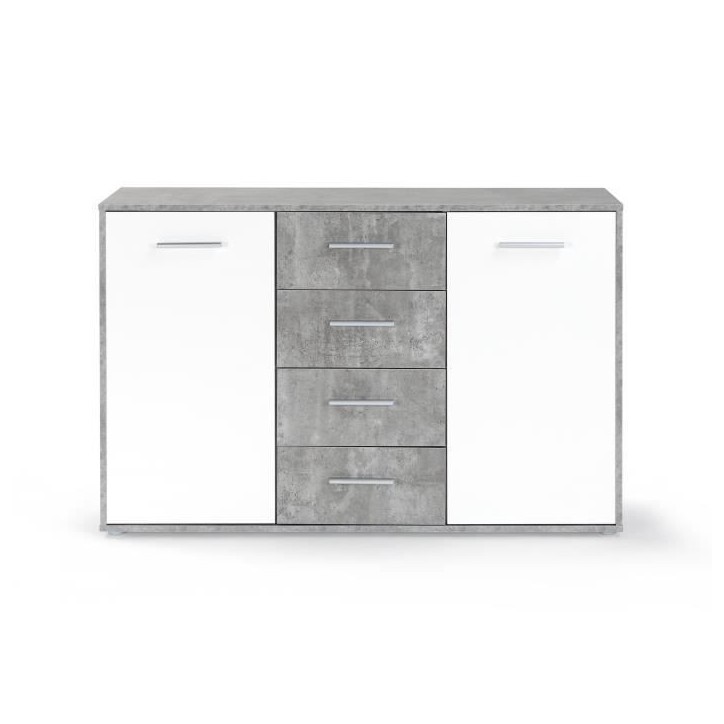 Buffet bas PILVI - 2 portes et 4 tiroirs - Blanc et béton clair - L 122,6 x P 34,2 x H 81,1 cm Buffet bas PILVI - 2 portes et 4 tiroirs - Blanc et béton clair - L 122,6 x P 34,2 x H 81,1 cm
